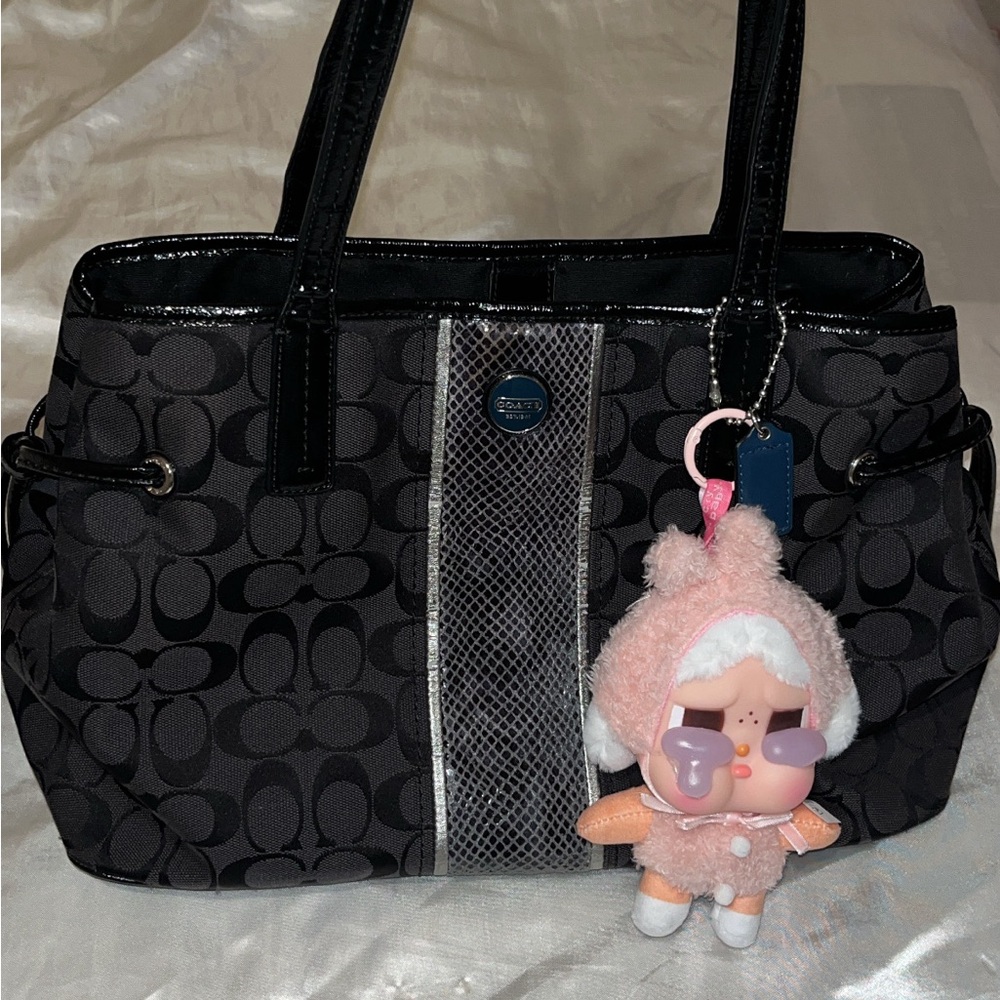 Coach Black Signature Python Print Stripe Tote Bag